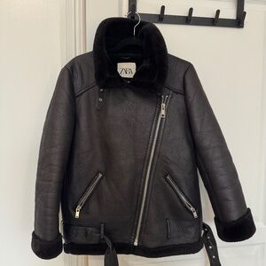 ZARA Faux Shearling Aviator Jacket – Black